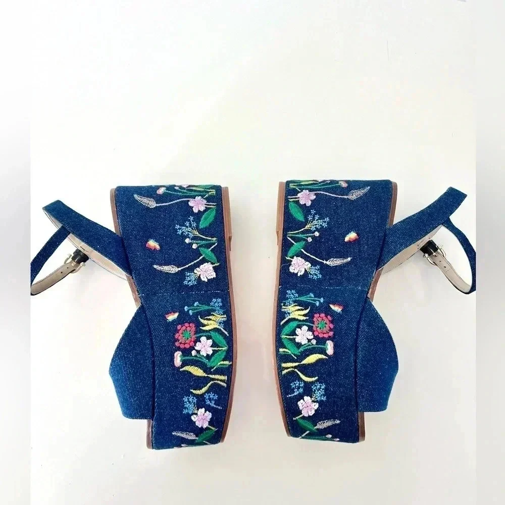 Etienne Aigner Sofhia Floral Embroidered Denim Platform Strappy Shoes‎ Size 6.5